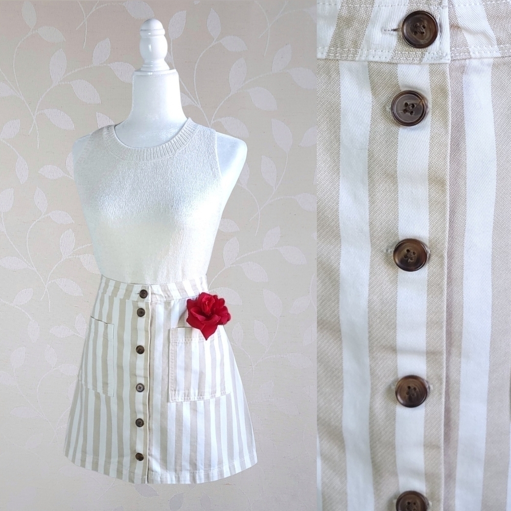 Old Navy Vertical Striped A-Line Button Front Midi Skirt White Tan Size 8